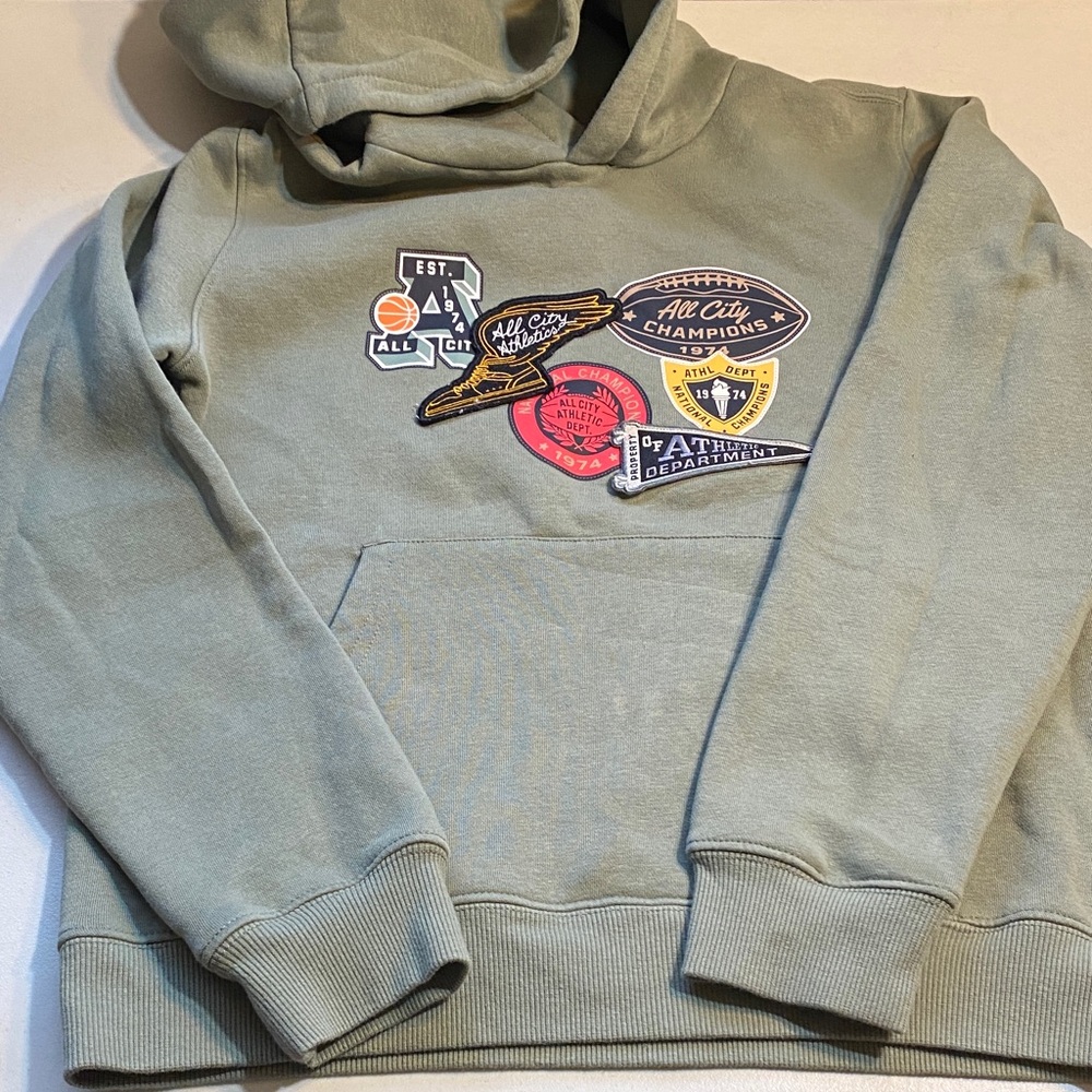 Kids Olive Green Hoodie with Athletic Patch Appliqués